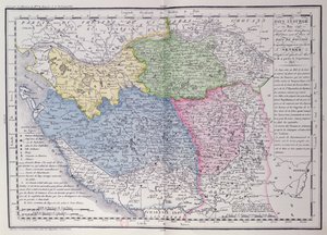 Mapa Vendeé s vyznačením oblasti vendského povstání (1793-96) v březnu 1793, asi 1815 (barevná rytina)